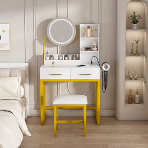 English Elm Makeup Vanity Table with LED Lights, Built-In Outlet & USB, Large Drawers, Hair Dryer Stand White W509P297014