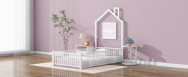 English Elm Twin House Metal Platform Bed with Guardrail & Chimney, White — Kids Playful Frame, Safe Sleep Design N709P203151K