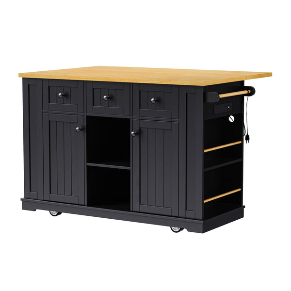 English Elm K&K 53" Large Kitchen Island Cart with Power Outlet, Drop Leaf, Soft-Close Doors, Rolling Storage Black N707P185531B
