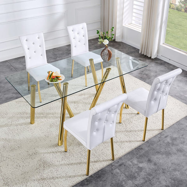 English Elm 71-inch Tempered Glass Dining Table Electroplated Metal Base Open Airy Modern Style Gold W3875S00006