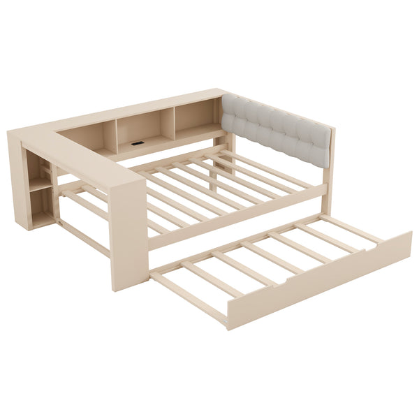 English Elm Wood Twin Platform Bed Linen Headboard Storage Shelves Trundle Charging Station Cream N709P004024C