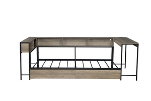 English Elm Corner Twin Platform Bed Bookcase Led Lighting Charging Station Underbed Storage W1670P428838