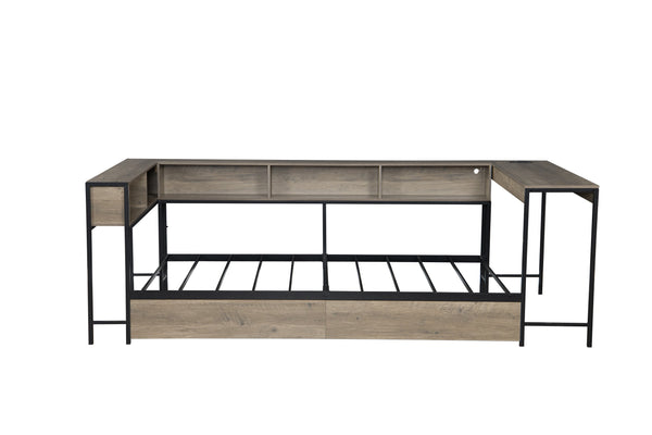 English Elm Corner Twin Platform Bed Bookcase Led Lighting Charging Station Underbed Storage W1670P428838