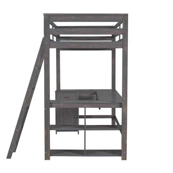 English Elm Twin Loft Bed with U-Shaped Desk, Drawers & Shelves — Antique Brown Twin Work-Study Space, 350lb Capacity GX001038AAD
