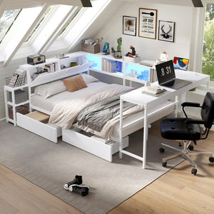 English Elm Corner Queen Platform Bed with Led Lighting Bookcase Shelving and Underbed Storage Drawers Ancient White W1670S00035