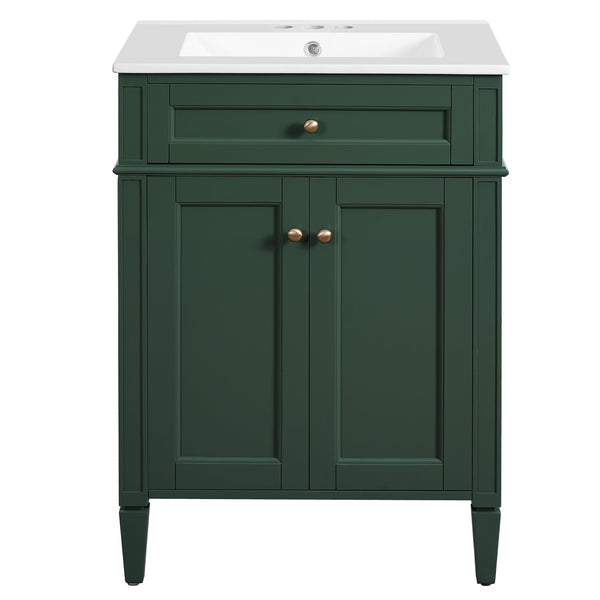 English Elm 24" Bathroom Vanity with Ceramic Basin, French-Inspired Accent Carvings, Soft-Close Doors & Storage Green N710P293309F