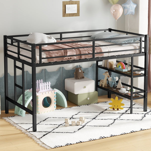 English Elm Twin Metal Loft Bed With Storage Shelf, Safe Climbing Ladder, Guardrails & Space-Saving Design For Kids W1580P309652-GIGA