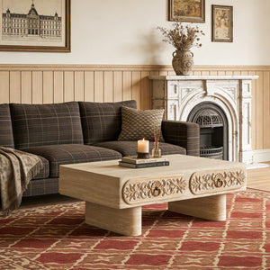 English Elm Rounded Edge Coffee Table Solid Wood Engraved Drawer Modern Living Room Storage W3040P428686