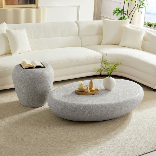 English Elm 19.29 Inch Fiberglass Stacked Stone Side Table Sculpted Organic Form for Living Room Beige W2582P427035