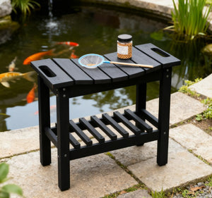 English Elm Shower Bench with Two Tier Storage Shelf Hdpe Wood Grain Finish for Bath or Poolside T3971P417803