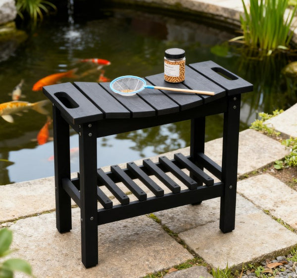 English Elm Shower Bench with Two Tier Storage Shelf Hdpe Wood Grain Finish for Bath or Poolside T3971P417803