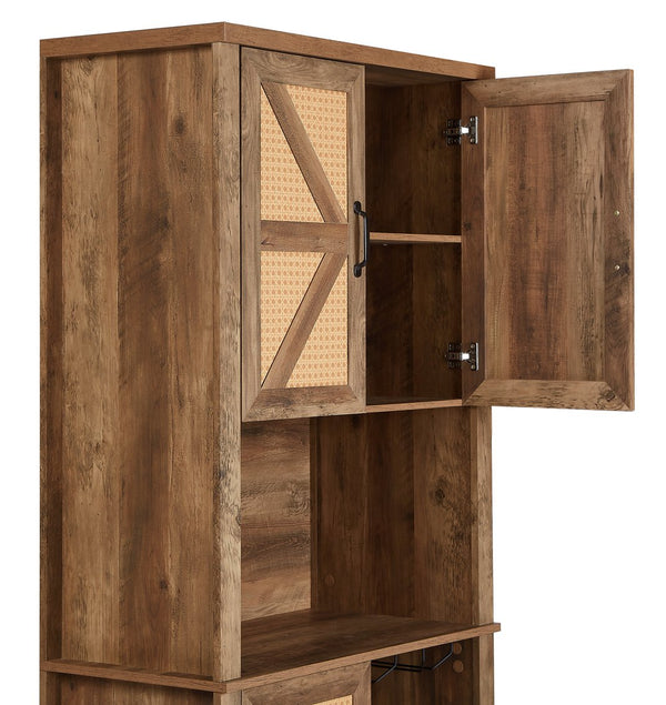 English Elm 76-Inch Rustic Oak Wine Cabinet with 12 Compartments, 3D Faux Rattan Doors, Glass Holders & Shelves W2702P183964