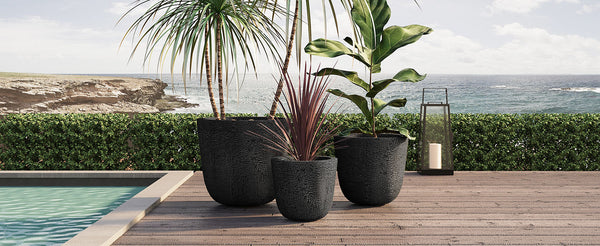 English Elm U_style Mgo Round Planters Set of Three Crackle Stone Texture Patio Garden Pots Black N711P406660B
