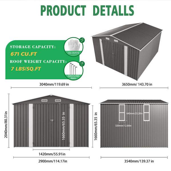 English Elm 10x12ft Galvanized Steel Outdoor Storage Shed with Vented Windows and Lockable Doors W3213S00008