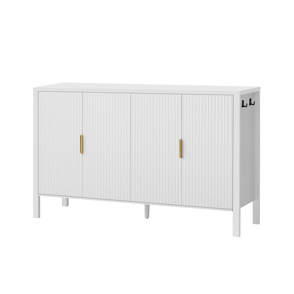 English Elm U_style Striped Four Door Sideboard Mdf Buffet Cabinet with Adjustable Shelves for Dining White N711P345170K