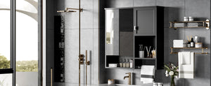 English Elm 29'' Modern Wall Mounted Medicine Cabinet with Mirror, Spacious Adjustable Shelves, Towel Bar and Durable MDF Finish Black N710P209440B