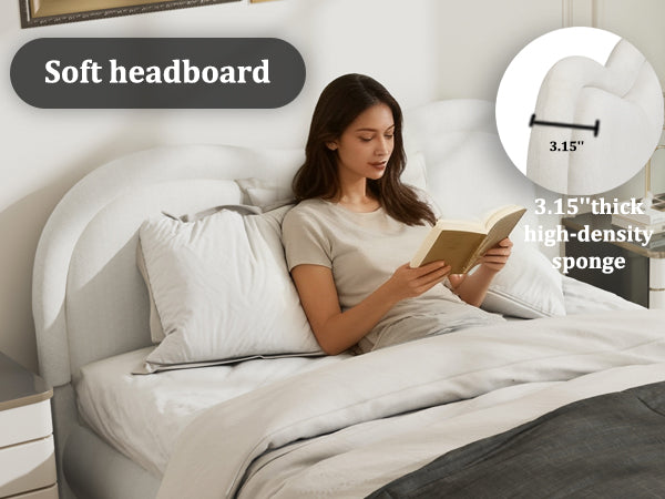 English Elm Queen Chenille Upholstered Bed Curved Headboard Oak Legs Wooden Slat Platform Frame W1716P387789