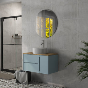 English Elm 36-Inch Modern Minimalist Wall-Mounted Bathroom Vanity With Blue Cabinet & Natural Wood Top Design W3151S00008