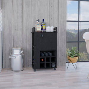 English Elm Fargo Bar Cart with Cabinet, 6 Wine Slots, Open Shelf & Casters in Black — Stylish Home Bar Station B200P188867