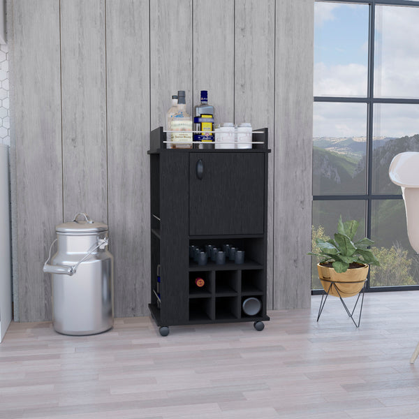 English Elm Fargo Bar Cart with Cabinet, 6 Wine Slots, Open Shelf & Casters in Black — Stylish Home Bar Station B200P188867