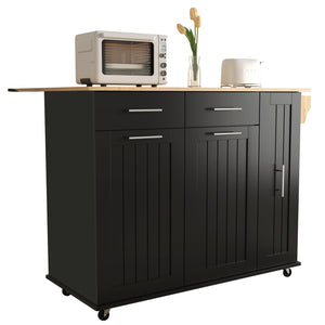 English Elm K&K Kitchen Island with Drop Leaf, Rolling Storage Cart with 3-Tier Pull-Out Organizer, Durable Wood Countertop Black WF531421AAB