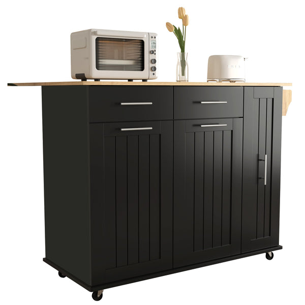 English Elm K&K Kitchen Island with Drop Leaf, Rolling Storage Cart with 3-Tier Pull-Out Organizer, Durable Wood Countertop Black WF531421AAB