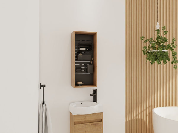 English Elm 12'' Wall Mounted Plywood Storage Cabinet Open Doorless Design with Frosted Bins for Bath W999P470287