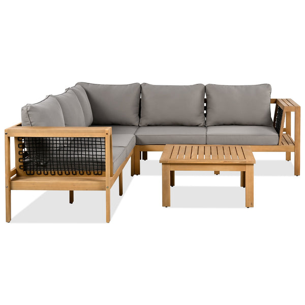 English Elm <old Old Sku Acacia Wood L-shaped Patio Sectional with Woven Rope Armrests Resort Cushioned Set Gray,Natural N704F201249E