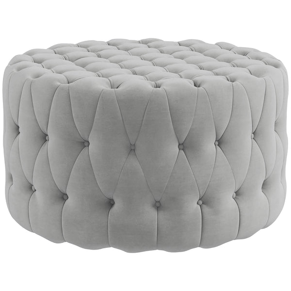 English Elm HOMCOM Round Button Tufted Ottoman Stool with Velvet-feel Upholstery, Light Gray Accent Seat, 31.5" W2225P173827