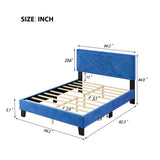 English Elm Simple Queen Size Upholstered Bed Frame With Rivet Design, Modern Velvet Platform Bed With Headboard, Blue