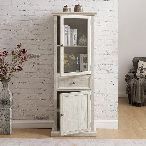 English Elm Tall Storage Cabinet with Glass Door & Drawer — Slim White Sideboard for Living Room, Kitchen, Office W2275P394346