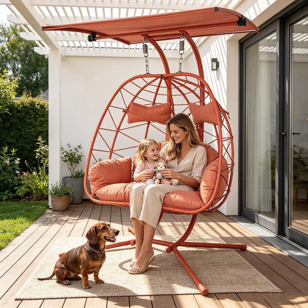 English Elm 2-person Wicker Egg Swing Chair with Canopy Steel Stand Outdoor Patio Lounger T5880P502252