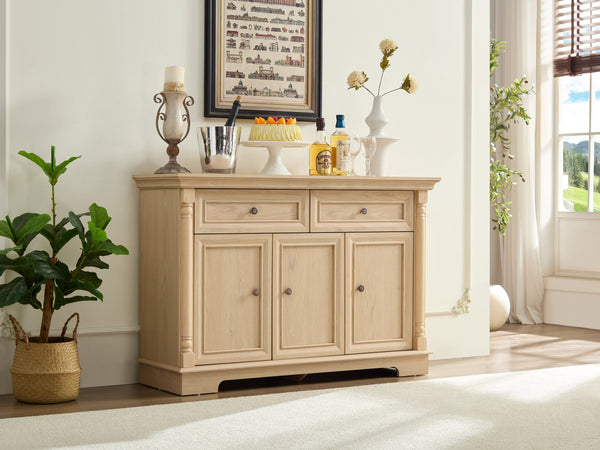 English Elm Farmhouse Large Wooden Storage Cabinet - Roman Column Style, Versatile Coffee Bar & Wine Cooler W2393P300542