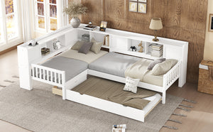 English Elm L-shaped Twin Platform Bed with Trundle, Solid Wood Corner Sleeper with Drawers, Shelves, No Box Spring Needed White W1580S00259