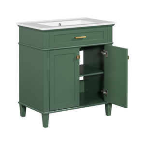 English Elm 30-inch bathroom vanity with ceramic basin, solid wood frame, soft-close doors and adjustable shelves for organized style and lasting durability Green N729P173380F