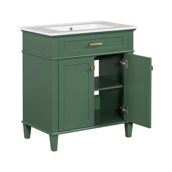 English Elm 30-inch bathroom vanity with ceramic basin, solid wood frame, soft-close doors and adjustable shelves for organized style and lasting durability Green N729P173380F