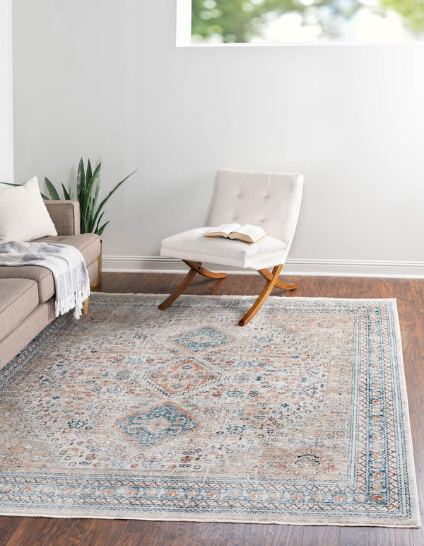 Unique Loom Newport Rosecliff Machine Made Border Rug Multi, Blue/Light Blue/Light Brown/Rust Red/Terracotta 8' 0" x 8' 0"