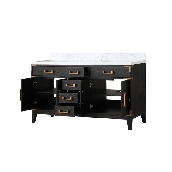 English Elm Black Oak Double Bathroom Vanity Solid Wood Frame with Genuine Carrara Marble Top B2731P260935