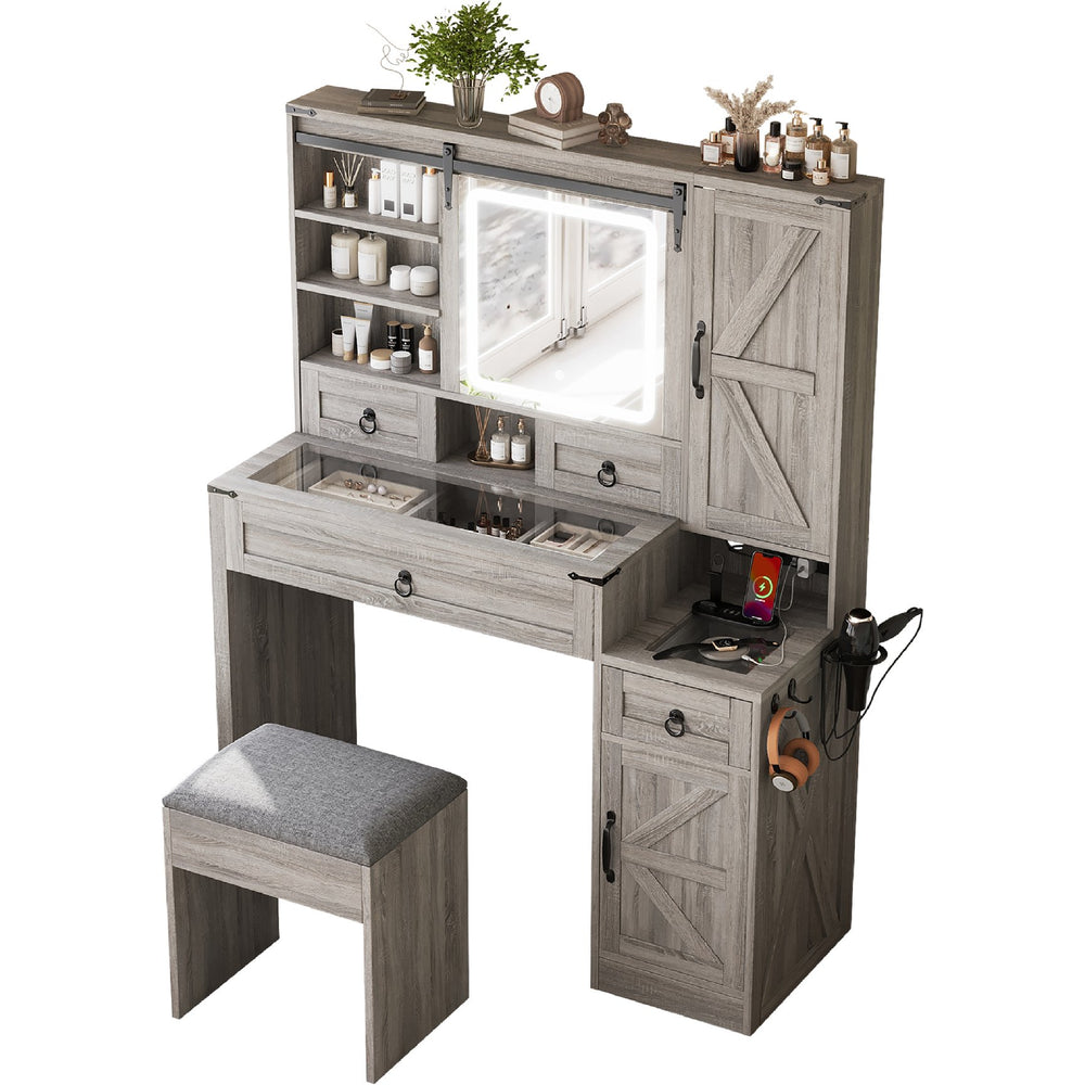 English Elm Farmhouse LED Vanity Desk with Sliding Mirror, Glass Top Storage, Built-In Charging Station & Stool Gray 37 L x 18.5 W x 13 H N733P340562G