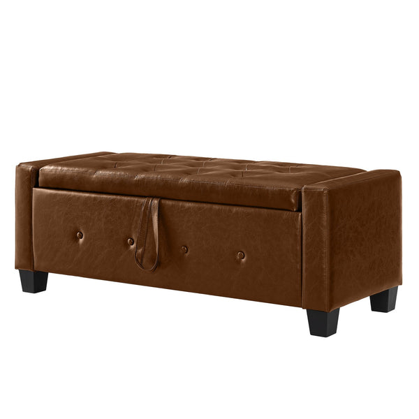English Elm 48" Storage Ottoman Bench with Tufted Faux Leather Upholstery, Solid Wood Frame & 300lb Capacity Brown W1097P338778