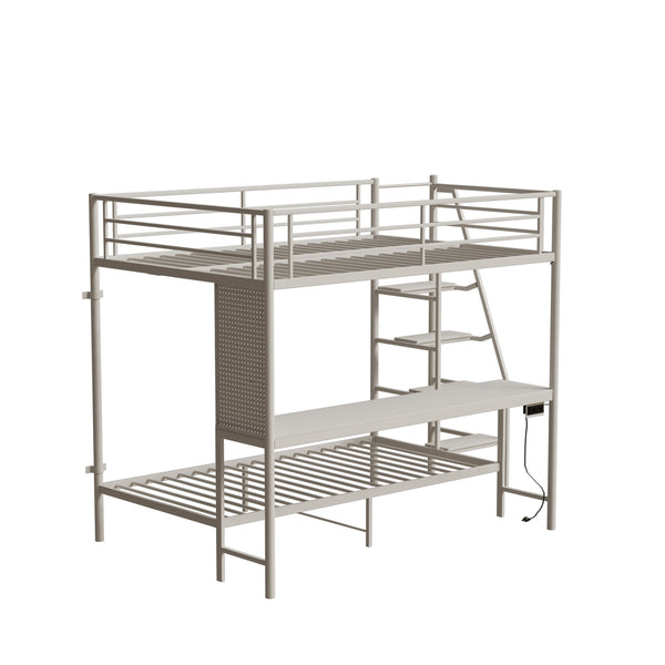 English Elm Black Metal Loft Bed with Built-in Desk Rgb Led Lighting and Charging Station White W1671S00010