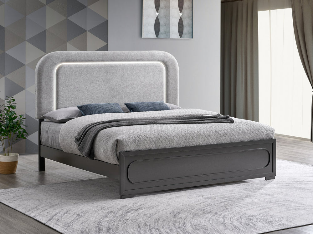 English Elm Wave King Bed Upholstered Fabric Headboard with Led Accents and Wenge Wood Frame B078S00703