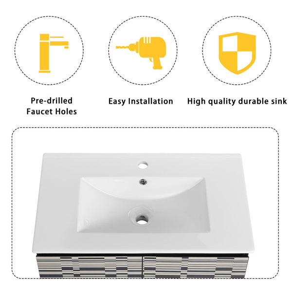 English Elm 30'' Floating Wall-Mounted Bathroom Vanity With Sleek Ceramic Sink & Soft-Close Cabinet Design W999S00210