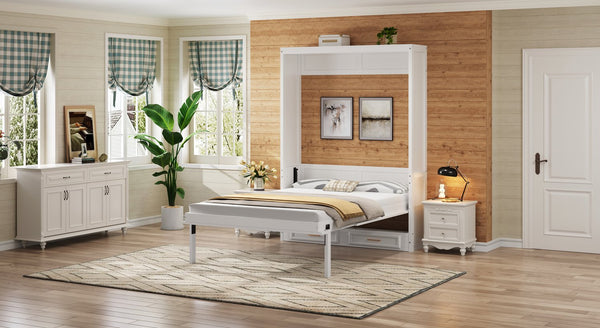English Elm Full Murphy Bed with Storage Cabinets and Shelves, Space-Saving Wooden Wall Bed with 600lb Capacity Beige N7090004012A