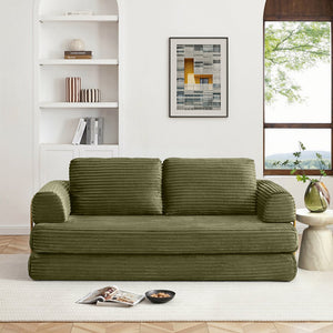 English Elm Convertible Floor Sofa Futon with Corduroy Upholstery for Living Room Lounging and Sleeping Green W1117P434729