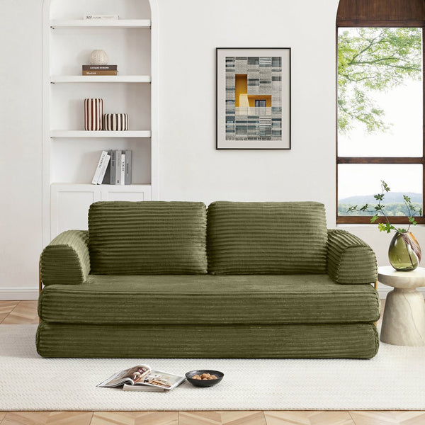 English Elm Convertible Floor Sofa Futon with Corduroy Upholstery for Living Room Lounging and Sleeping Green W1117P434729