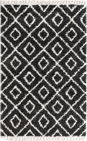 Unique Loom Hygge Shag Diamond Machine Made Geometric Rug Black and White,  5' 3" x 8' 0"