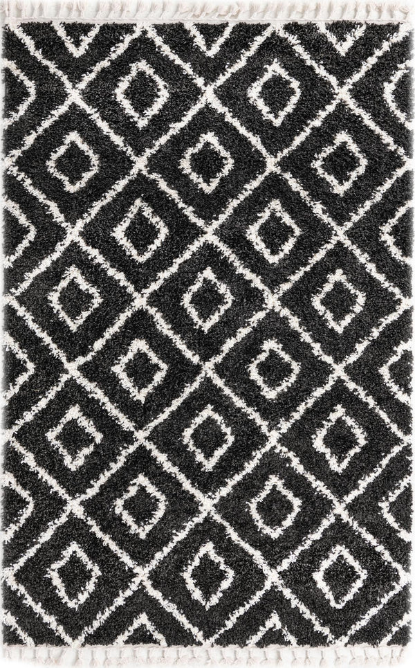 Unique Loom Hygge Shag Diamond Machine Made Geometric Rug Black and White,  5' 3" x 8' 0"