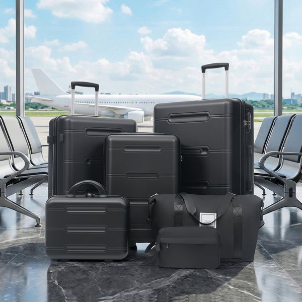 English Elm 6 Piece Hardshell Abs Travel Set with Spinner Wheels Combination Lock and Toiletry Bag N732P391465B