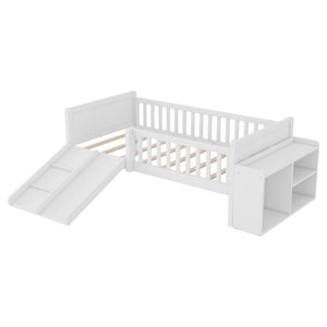 English Elm Twin Low Loft Kids Bed with Fun Slide Climbing Structure and Movable Bookshelf White W2593P437109